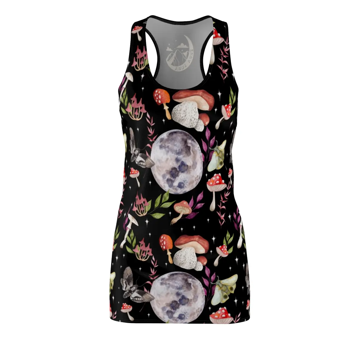 Witchy Moon Moth Mushroom dress, goth occult moon phase dress, halloween moon phase celestial dress