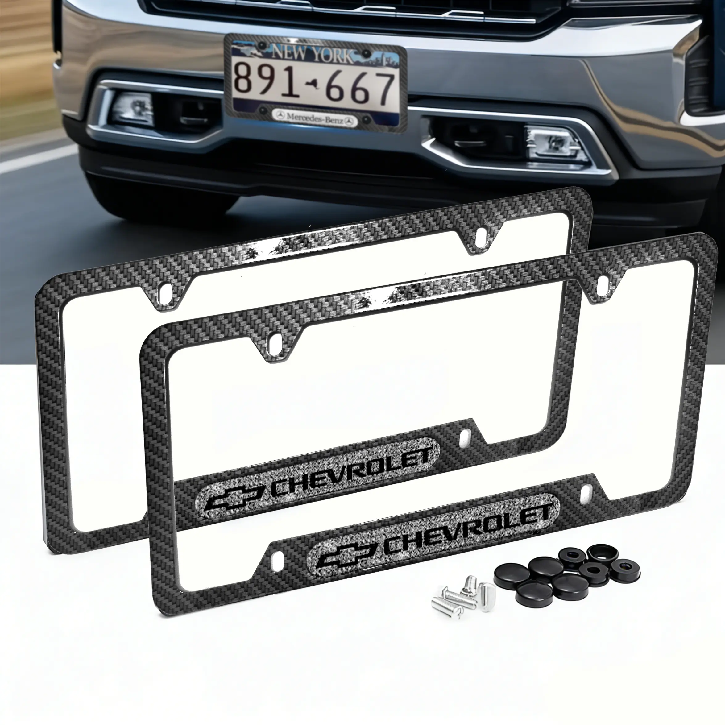 Carbon Fiber Texture Metal License Plate Frames for Chevrolet Vehicles - Automotive Replacement Accessory Bundle, Unisex Design with Sparkling Logo