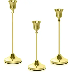 Brass Gold Candlestick Holders Metal Taper Candle Holders Set of 3 Rustic Stands for Dining Table, Wedding Centerpiece Decor, Birthday