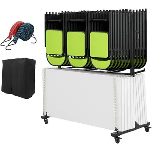 GARVEE Heavy Duty 2 Tier Folding Chair Rack Cart with Wheels, Adjustable Height, PVC Lock Wheels, and 800 LBS Capacity, Black - Storage Dolly for Up to 84 Chairs or 12 Tables