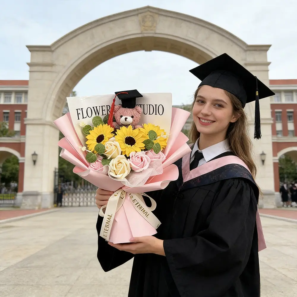 Graduation Bouquet with Sunflower Rose & Bear, Floral Artificial Flower Bouquet with Graduation Cap, Perfect Photo Prop & Gift for Graduation Ceremony, Memorial Day, High School & College Graduation Gift