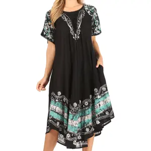 Sakkas Elisha Mid Length Batik Caftan Embroidered Cap Sleeves Floral Pattern