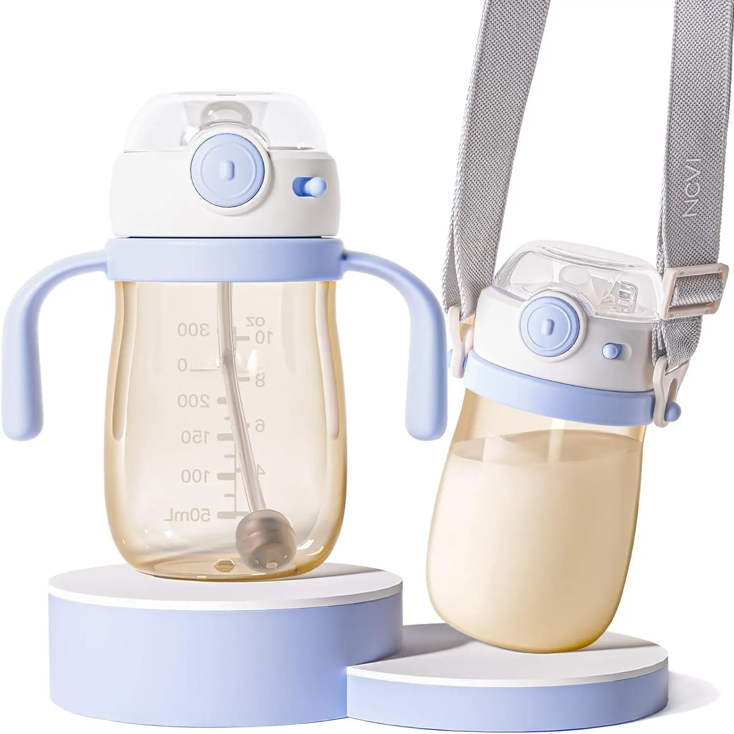 PPSU Milk Straw Sippy Cup Spill Proof for Toddlers 1-3 Years Old, Lightweight Baby Training Water Bottle with Weighted Straw/Handle/Strap/Lid, Baby's First Straw Cup, BPA-free 10floz (Blue)