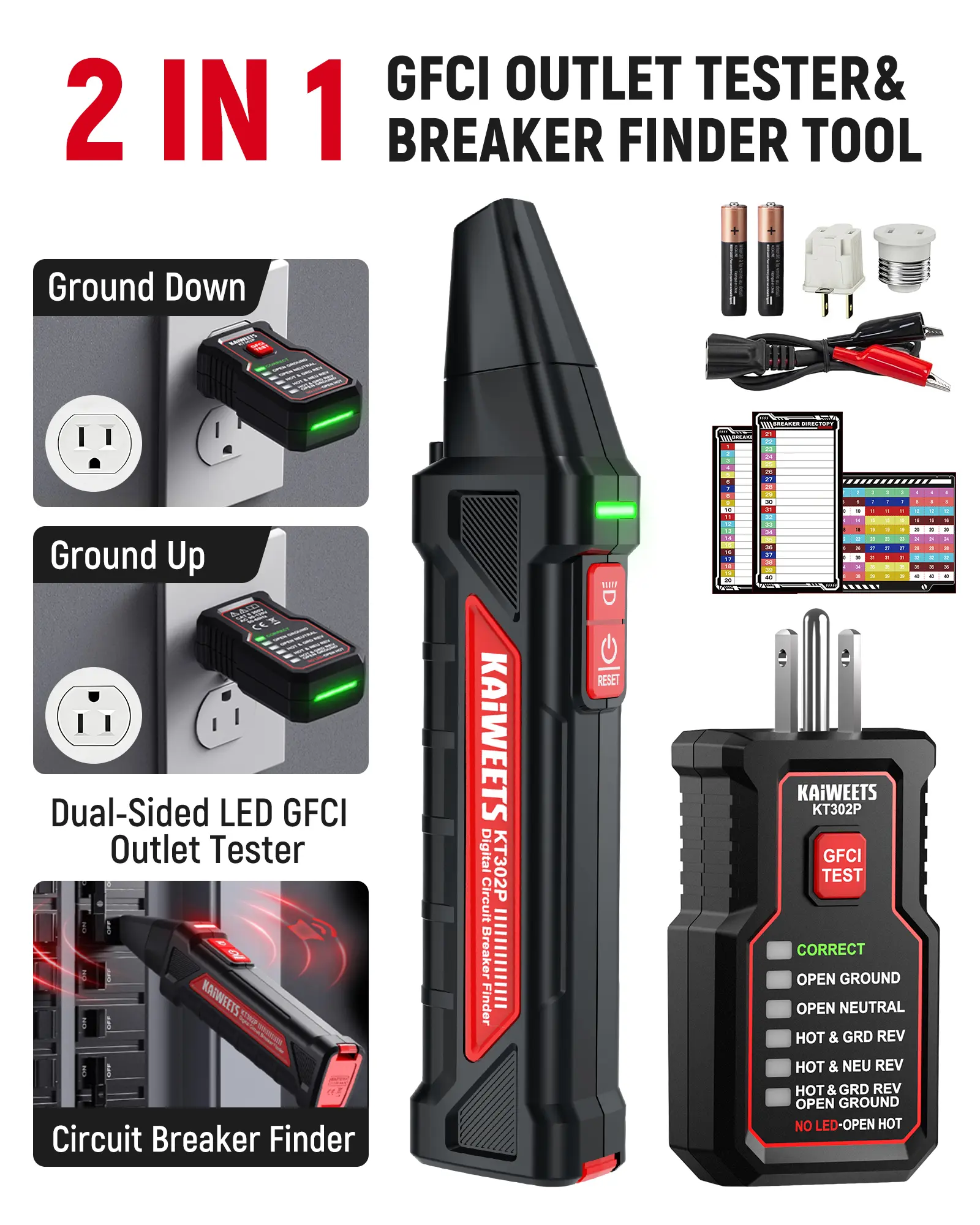 KAIWEETS Circuit Breaker Finder Tool Kit, GFCI Outlet Tester with Dual-Sided LED Indicators, Electrical Circuit Tracer Tool with Flashlight, Includes Carrying Case and Adapters- KT302P