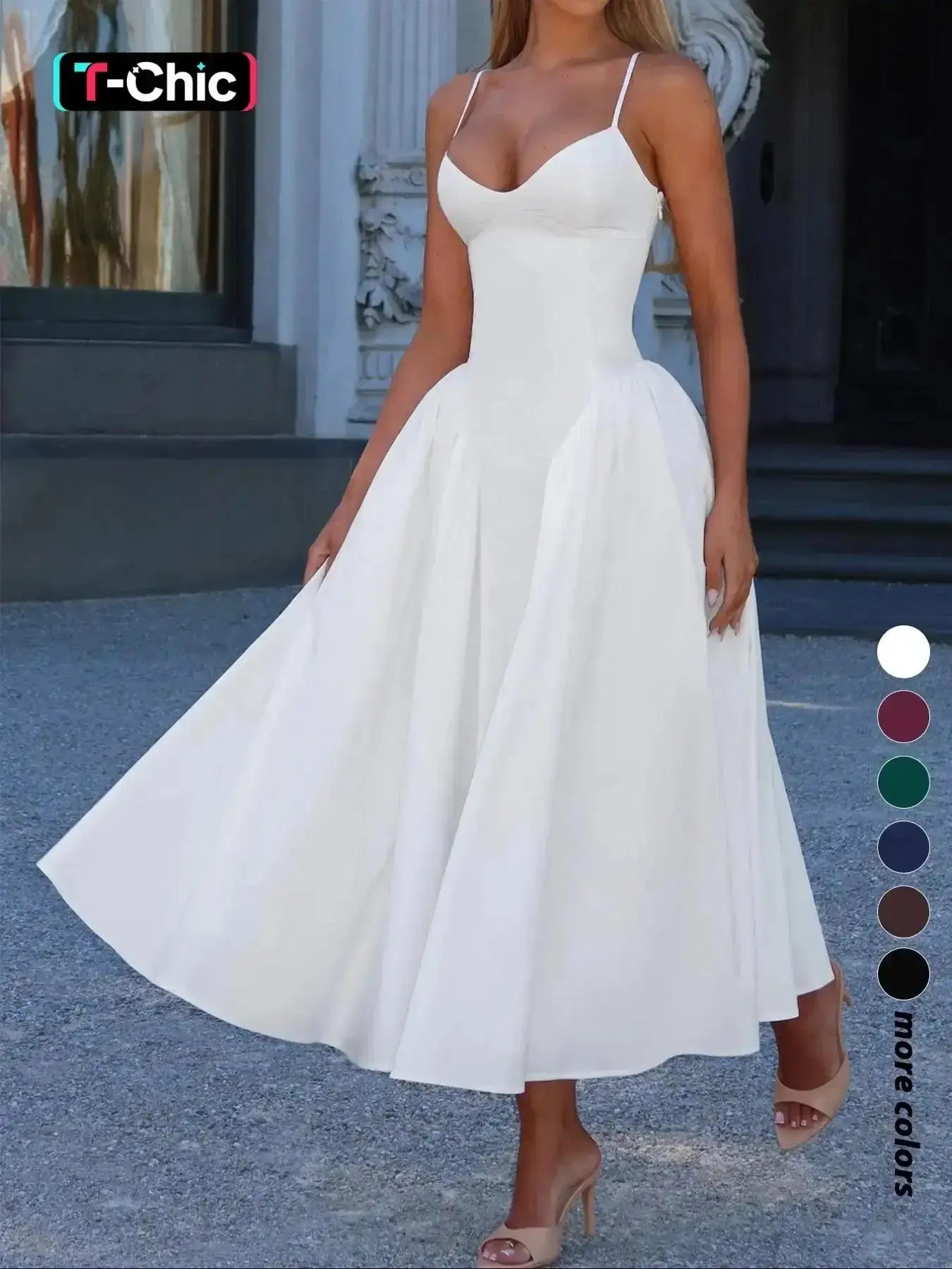 Pure Color Elegant Chic Spaghetti Strap Sleeveless Long Lady Summer Dress, Waist Cinched Design, Fitted Style, Plain Pattern, Perfect for Various Occasions, Formal, Womenswear