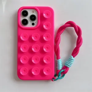 Silicone Suction Cup Phone Case with Lanyard, 1 Count Decorative Protective Phone Protector Cover, Phone Accessories Compatible with iPhone 14 15 16 Pro Max