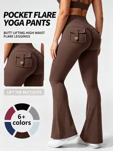 Workout Flare Leggings with Pockets Hidden Scrunch High Waisted Cargo Gym Yoga No Front Seam Leggings Flared Joggers Fitness Outfit Camouflage Sports Pants  Spring Statements High Waist Activewear