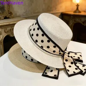 2026 Japanese minimalist polka dot hat for women's summer sun shading and sun protection vacation beach hat French flat top white top hat for travel