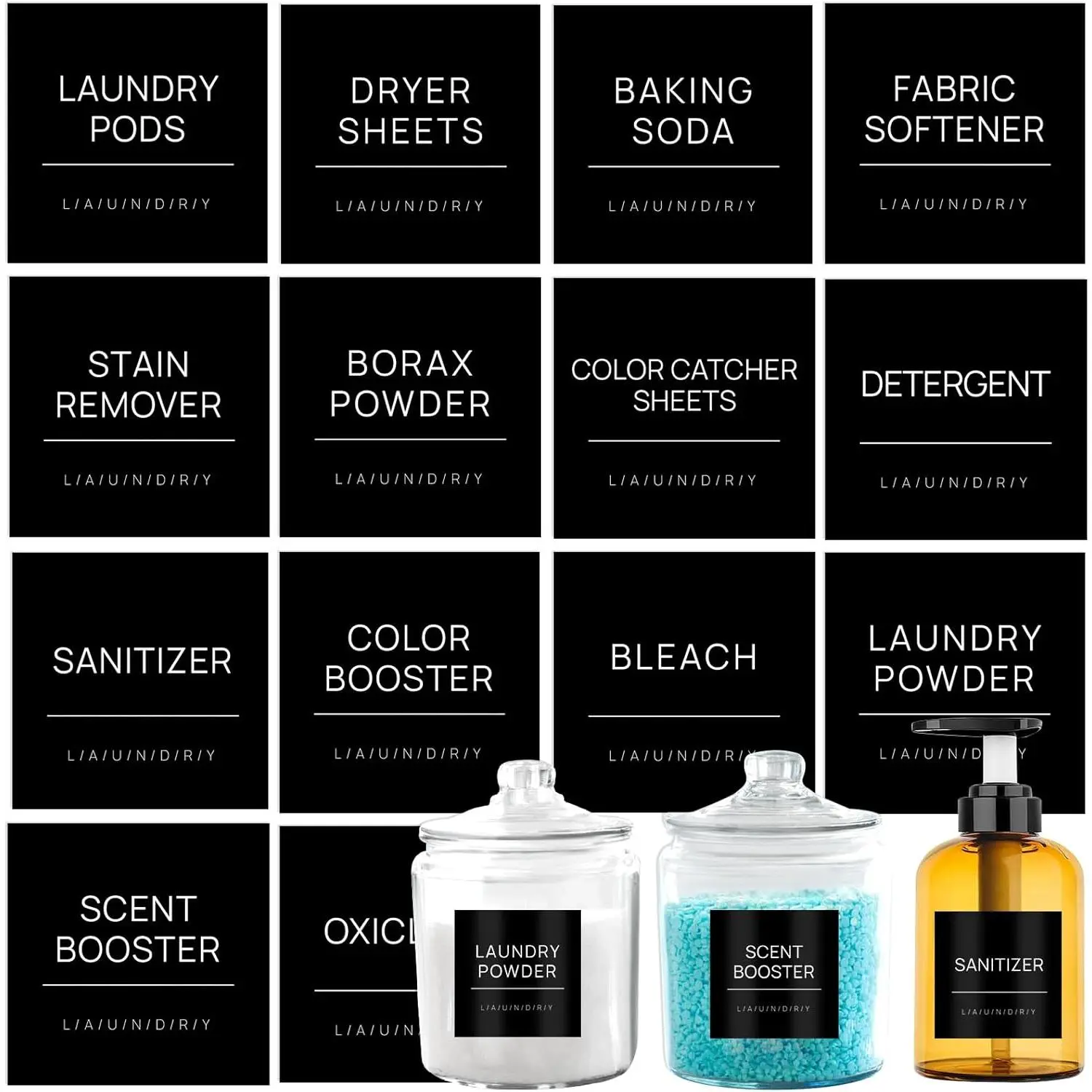 Laundry Labels for Jars,14 PCS Minimalist Laundry Room Sticker Labels,Removable  Labels for Laundry Containers, Storage Organization(Black)