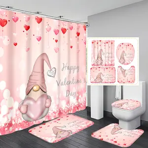 Valentine's Day Dwarf Heart Pattern Polyester Insulated Bathroom Curtain Set, Includes 12 Hooks, Bath Mat, U-Shaped Mat, Round Toilet Lid Pad