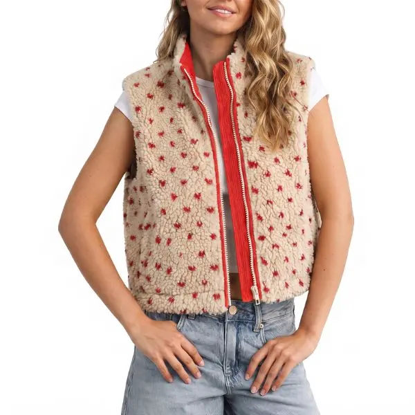 Fisoew Women Heart Print Sherpa Fleece Vest Stand Collar Zip Up Sleeveless Cropped Teddy Fuzzy Gilet Fall Winter Warm Layering Waistcoat