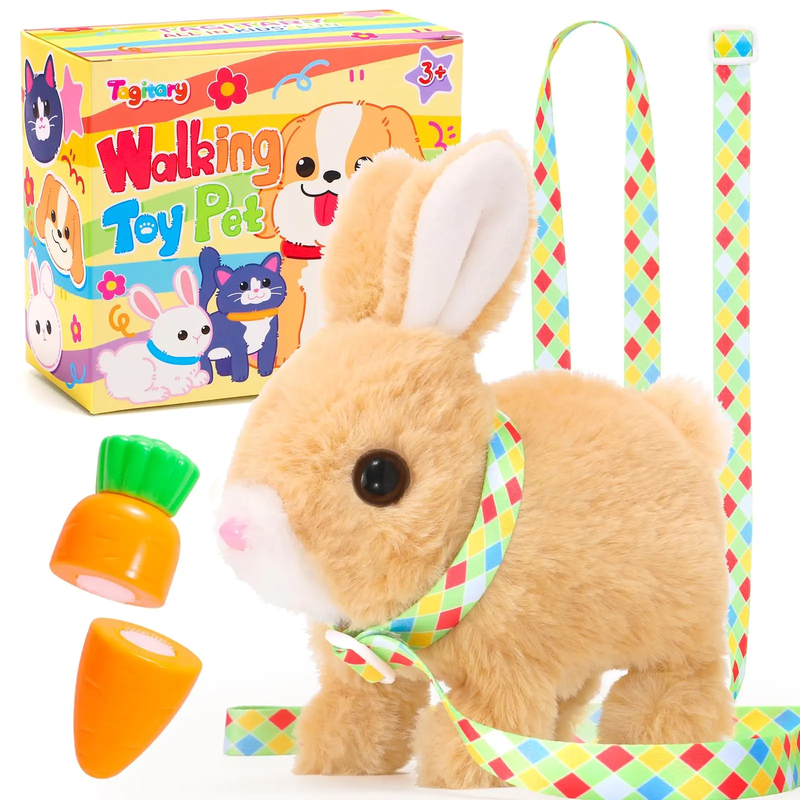 Tagitary Plush Toys Bunny Electronic Toy with Sounds,Wiggling Ears,Hopping,Twitching Mouth and Nose, Interactive Rabbit Toy with Leash,Easter Christmas Birthday Gift Cute summerwins