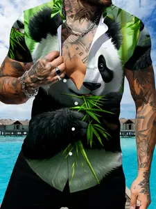 Panda Print Short Sleeve Men's Wear, 3D Animal Pattern Slim Shirt, Summer Trendy Casual Top