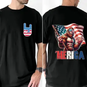 'Merica Bigfoot Shirt, Funny Patriotic Sasquatch Tee, American Flag Sunglasses Graphic, 4th of July Freedom Gift for Him, esthetician apparel, Men's gifts t shirts, Men's Graphic tee Round Neck T-shirt, Crew Neck Graphic, trendy t-shirts, Streetwear