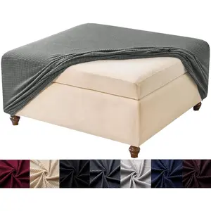 Stretch Square Ottoman Cover - Knitted Jacquard Washable Slipcover with Elastic Bottom - Dark Gray Medium
