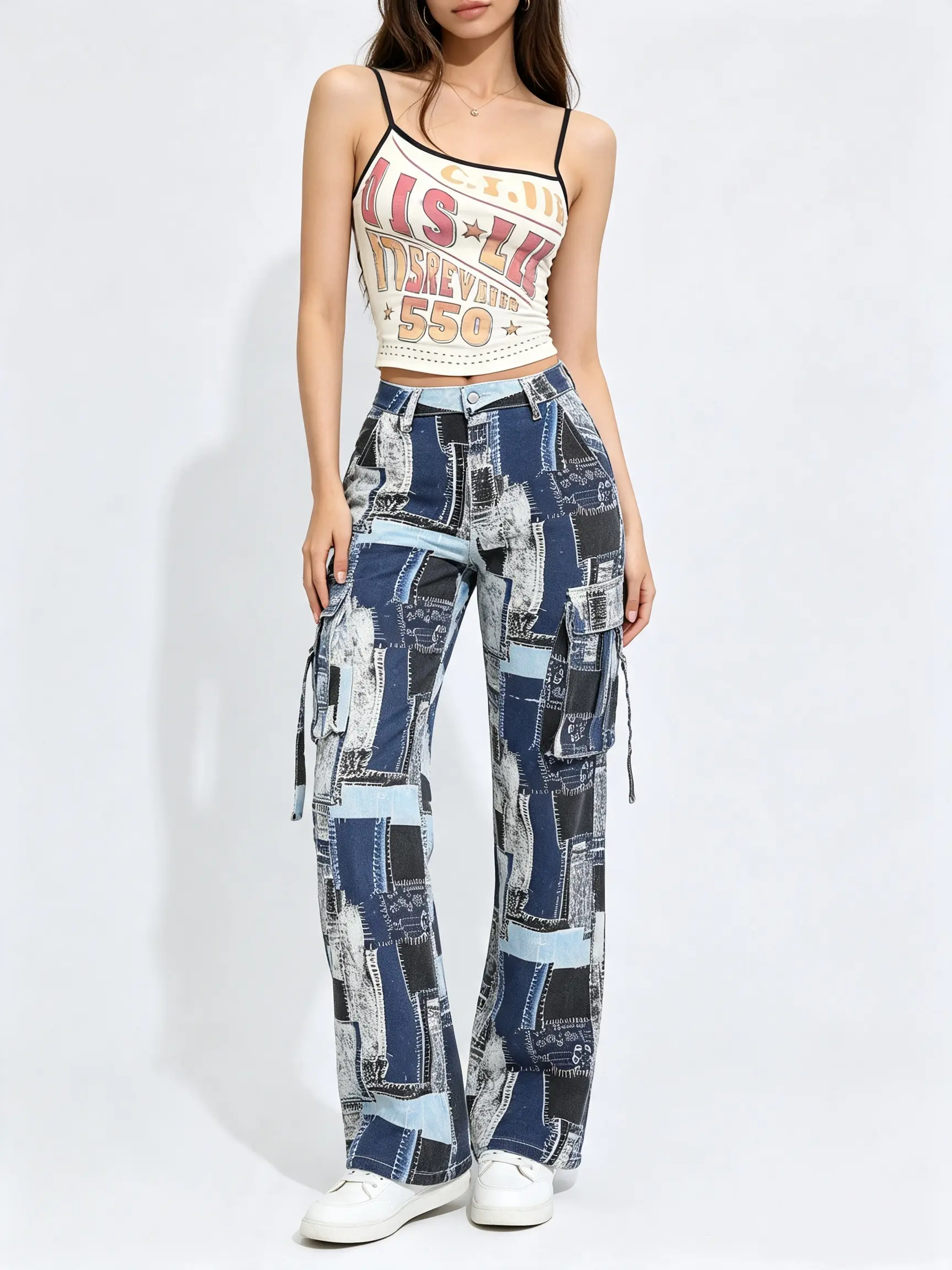 Women's spliced asymmetric wide-leg jeans suitable for daily wear, casual long loose trendy Y2K-style trousers cargo