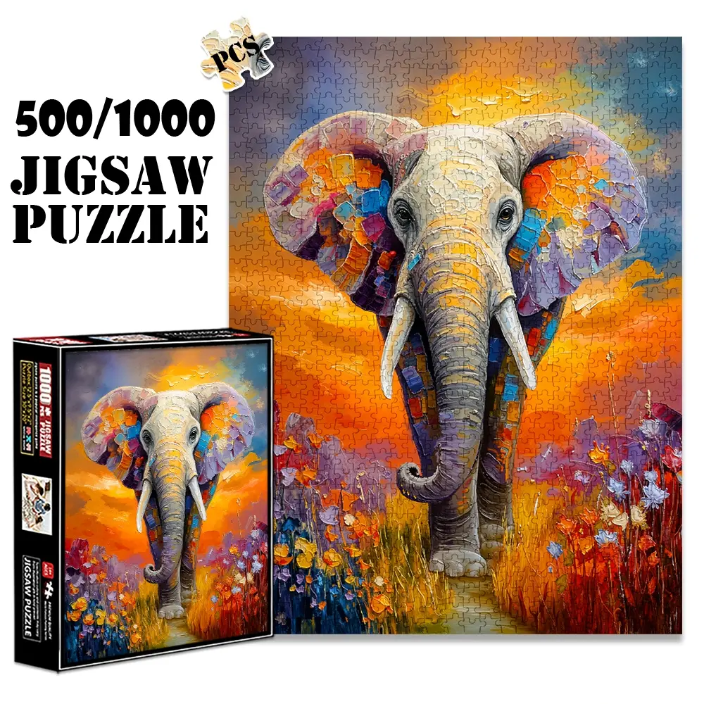 1pc 1000 piece adult puzzle 70x50cm Colorful Elephant in Flower - Filled Landscape 500 pieces paper jigsaw puzzle Animal Shape Puzzle suitable for DIY creative games for adults and families, birthday and holiday stress