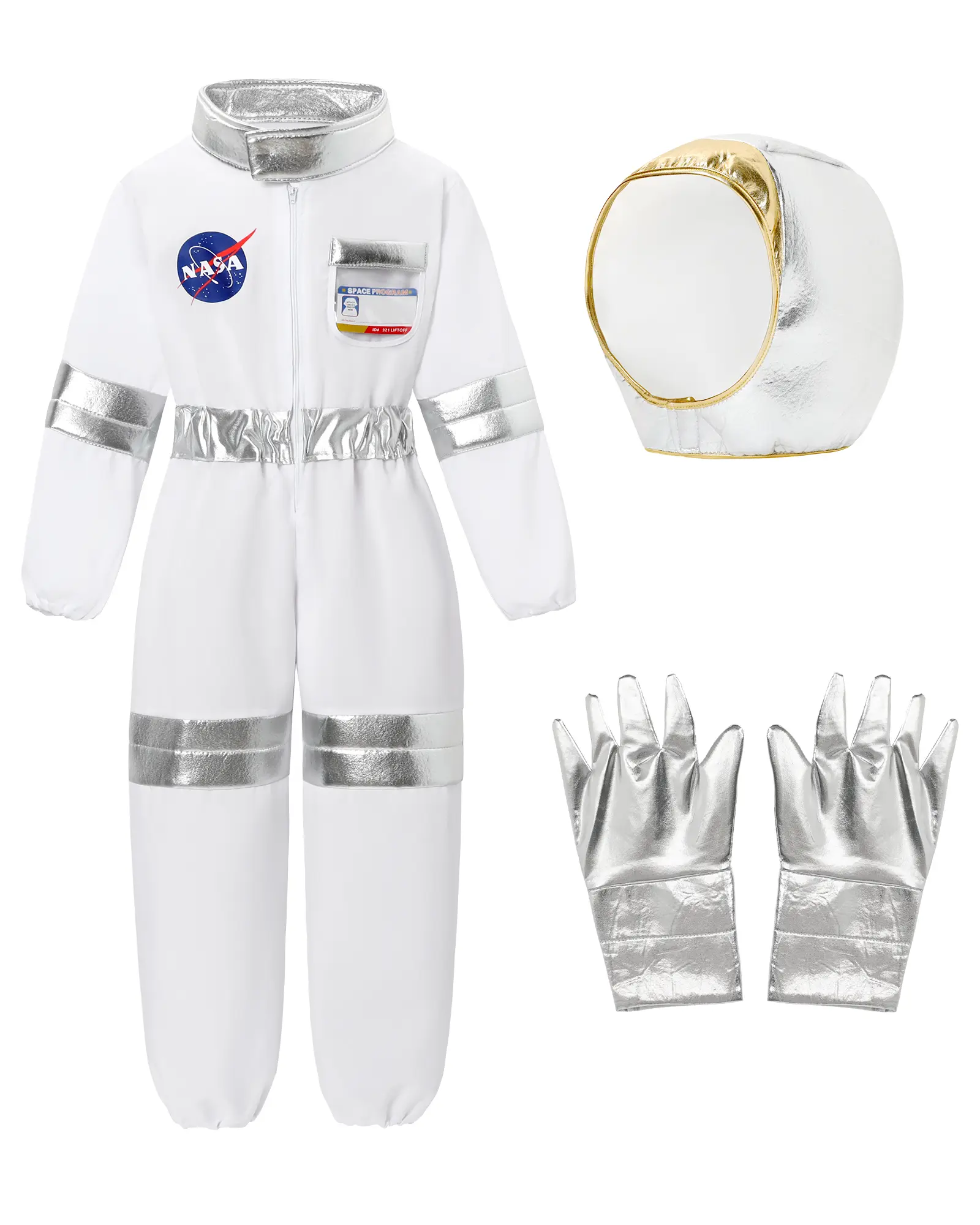 Kids' Astronaut Costume, 3-Piece White Polyester Jumpsuit with Helmet & Gloves, Unisex Holiday Cosplay Outfits for Halloween Parties, Holiday Costumes, Party Costumes