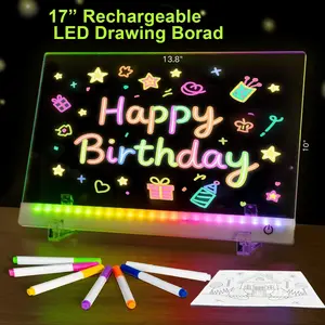17” Rechargeable LED Drawing Board with 11 Light Modes, Light-Up Acrylic Message Board & DIY Night Light, Includes 8 Line Art Sheets, Stand & Hanging Chain, Neon Dry Erase Board for Kids, Dorm, Office & Store Display