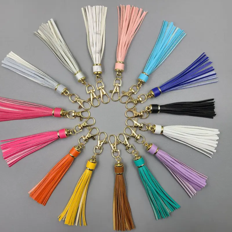 5Pcs PU leather tassel keychain|Tassel bag pendant Earrings Crystal Plated Gold