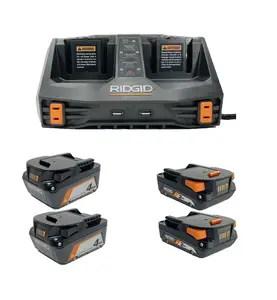 RIDGID 18 Volt Lithium-Ion Dual Port Sequential Charger Kit with (2) 4Ah Batteries and (2) 2Ah Batteries