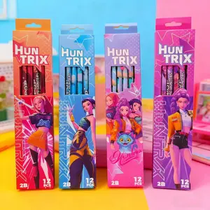 Kopo 12 Pencils with Sharpener, K-Pop Cartoon Hunter Girl Group High-Quality Children Writing Supplies, Non-Toxic Natural Wood 2b Pencils