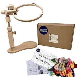 Hand Embroidery Kit with 8” Hoop, Stand, and 24 Assorted Color Threads, Beginner Sewing and Needlepoint Bundle with Accessories, Hands-Free Adjustable Frame for Arts, Crafts, and Hobbyists
