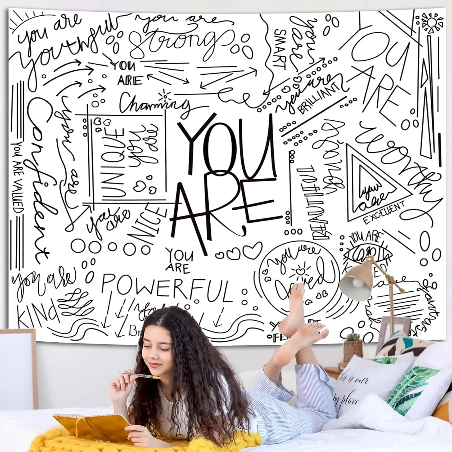 Miytal Quote You Are Inspirational Wall Tapestry, Positive Saying Wall Art Wall Hanging White Aesthetic Tapestry for Teen Girl Bedroom Dorm 28.7 x 39.4 Inches - White