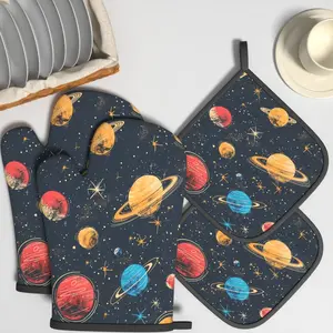 4pcs Oven Mitts And Pot Holders Vintage Solar System Heat Resistant Oven Mitts And Pot Holders Sets Suitable For Cooking, Home Oven, Baking, Kitchen Decoration, Housewarming Gifts
