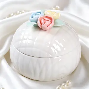 Hand-Carved Flower Ceramic Jewelry Box, Round Ceramic Storage Box With Lid, Home Desktop Ceramic Jewelry Storage Jar