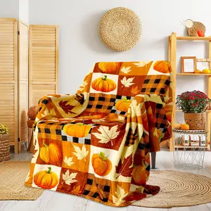 Fall Throw Blanket, Pumpkin Leaf Fall Plaid Throw Blanket for Women Men Soft Couch Living Room Bed Blanket for Girls Boys, Orange Checkered Blanket for Autumn, Utilize Fall Decor Throw Blanket