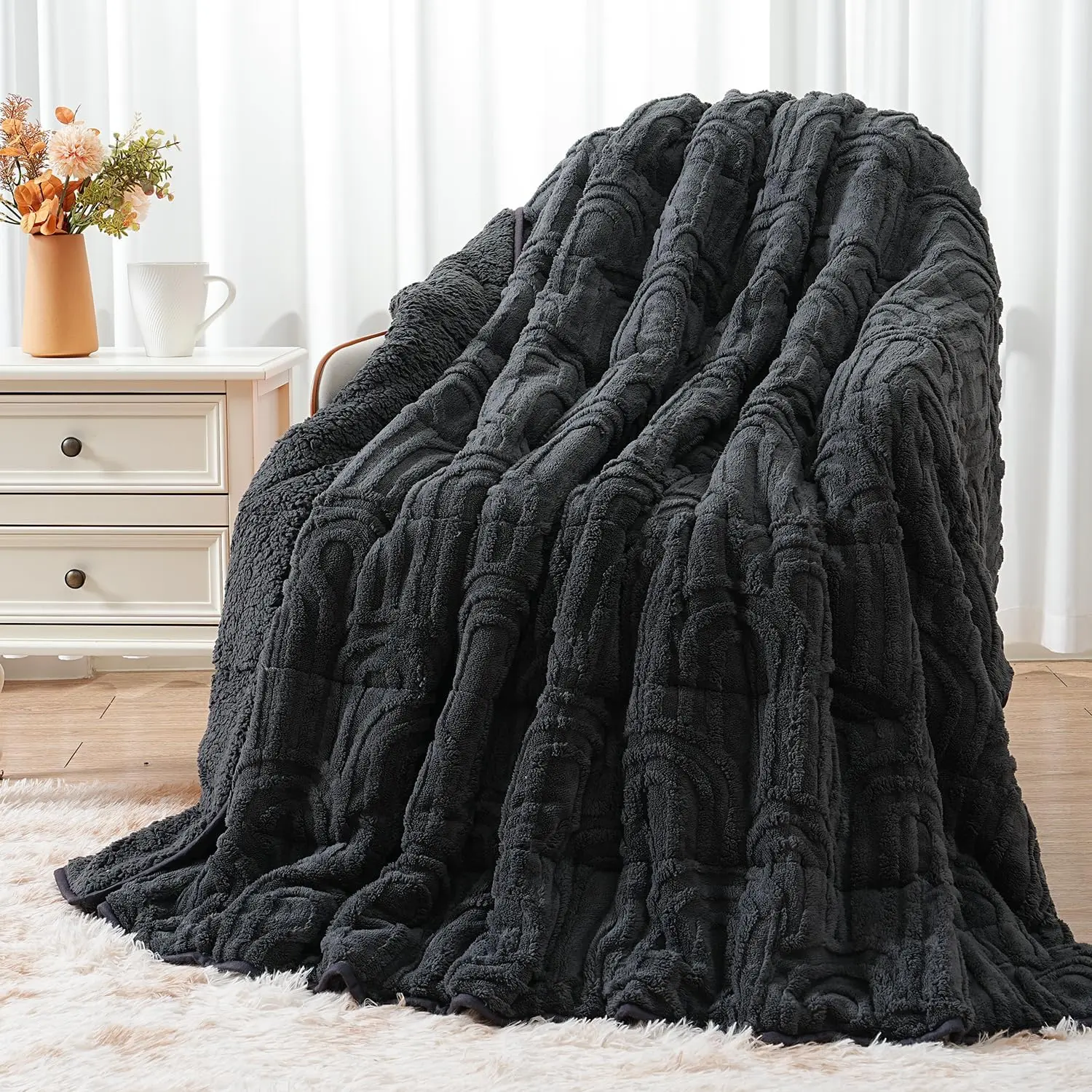 Jacquard Fleece Weighted Blanket  Size 60" x 80" 15lbs, Ultra Soft Cozy Sherpa Weighted Blankets for Adults, Ultra Fuzzy Heavy Blanket for Sleep,  Warm Throw for Bed, Dark Grey
