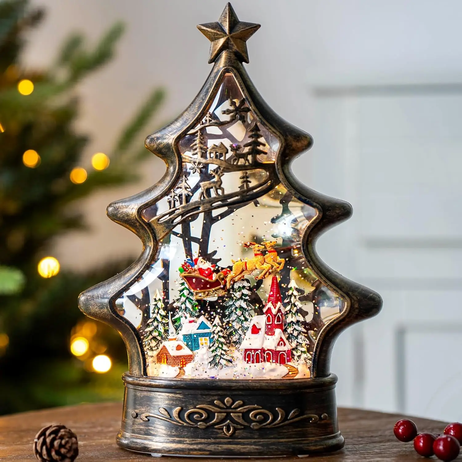 Cozy Little Christmas Snow Globe Lantern - Glowing LED Water Glitter Building, Santa’s Deer, Music & Timer, USB/Battery Operated, Holiday Decorating Festival Style Christmas Decor for Gifts, Glowing Led Christmas Decor