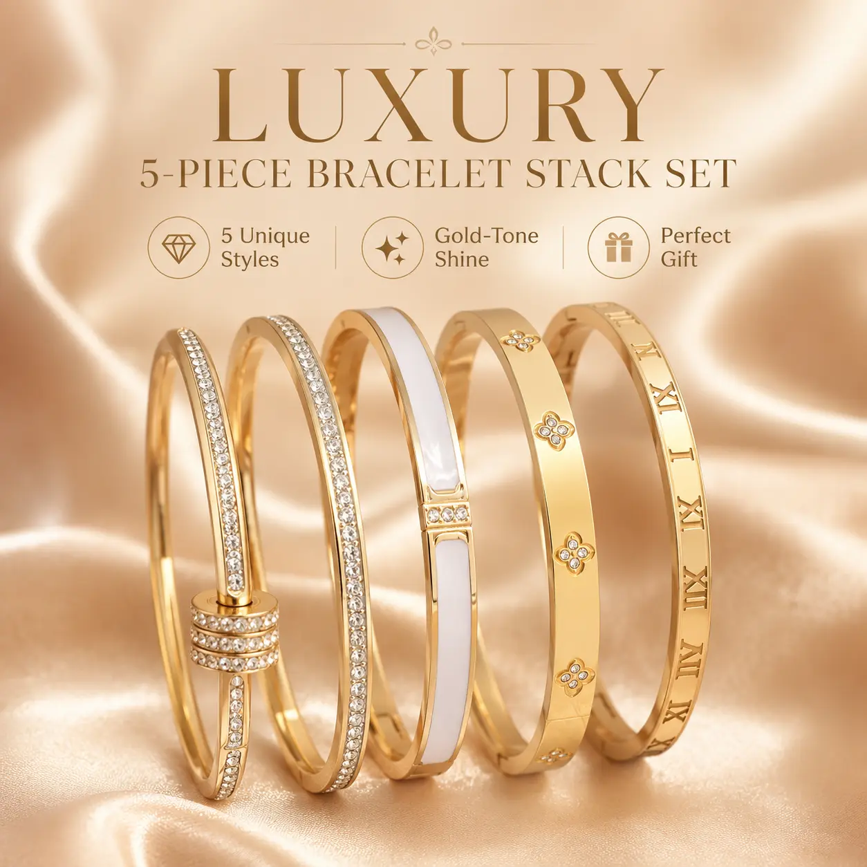 Luxury 5-Piece Gold Bracelet Stack Set – Crystal Bangle Collection, Elegant Layered Bracelets for Women, Fashion Jewelry Gift