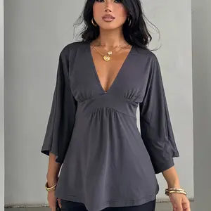 Women's Retro V Neck Pleated Flounce Sleeve T-Shirt, High Waist Loose Fit Casual Bishop Sleeve Top, Spring & Fall Fashion, Plain Design