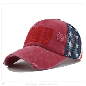 Women's Baseball Cap with Criss-Cross Ponytail Back, Embroidered American Flag, Adjustable Cotton Mesh for Sun Protection, Adjustable Sun Cap