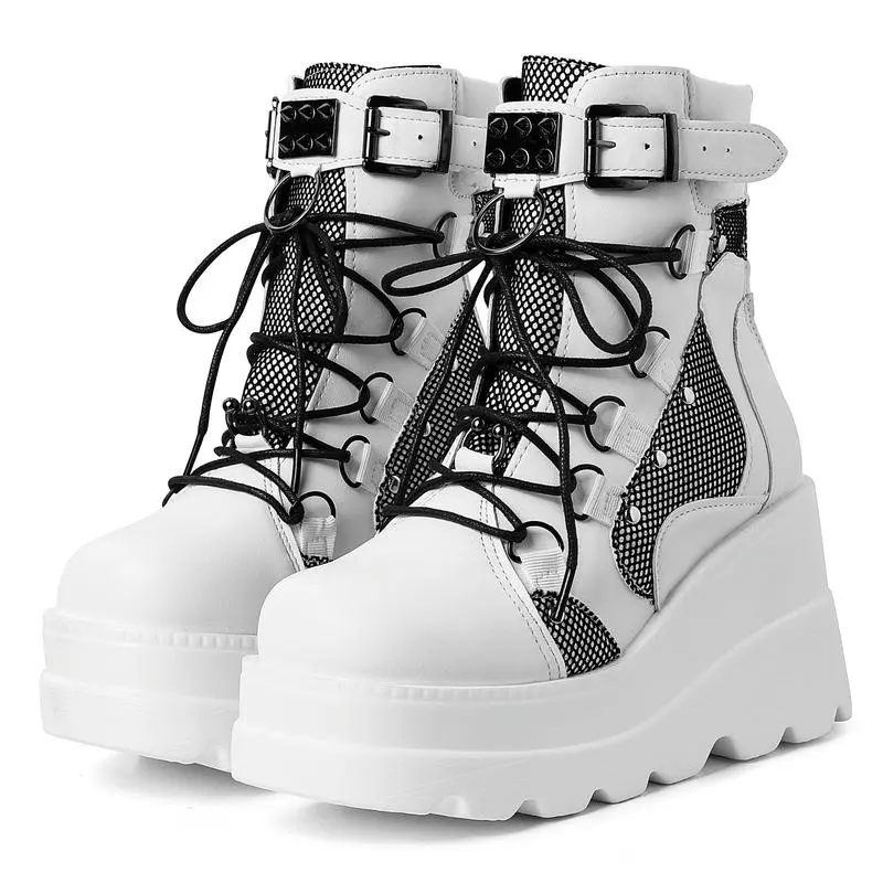 EROCALLI  Platform Ankle Boots For Women Chunky High Heel Booties Buckle Goth Round Toe Combat Boots Lace Up Motorcycle Wedges Comfortable Anti-Slip Sole