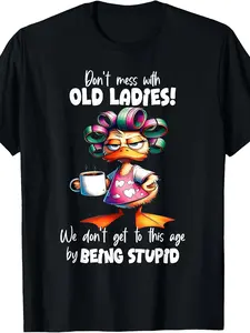 Vintage "Don't Mess with Old Ladies" Slogan T-Shirt - Retro Statement Graphic Tee Suitable for, Round Neck Casual Shirt with Humorous Warning, Machine Washable for Year-Round Wear