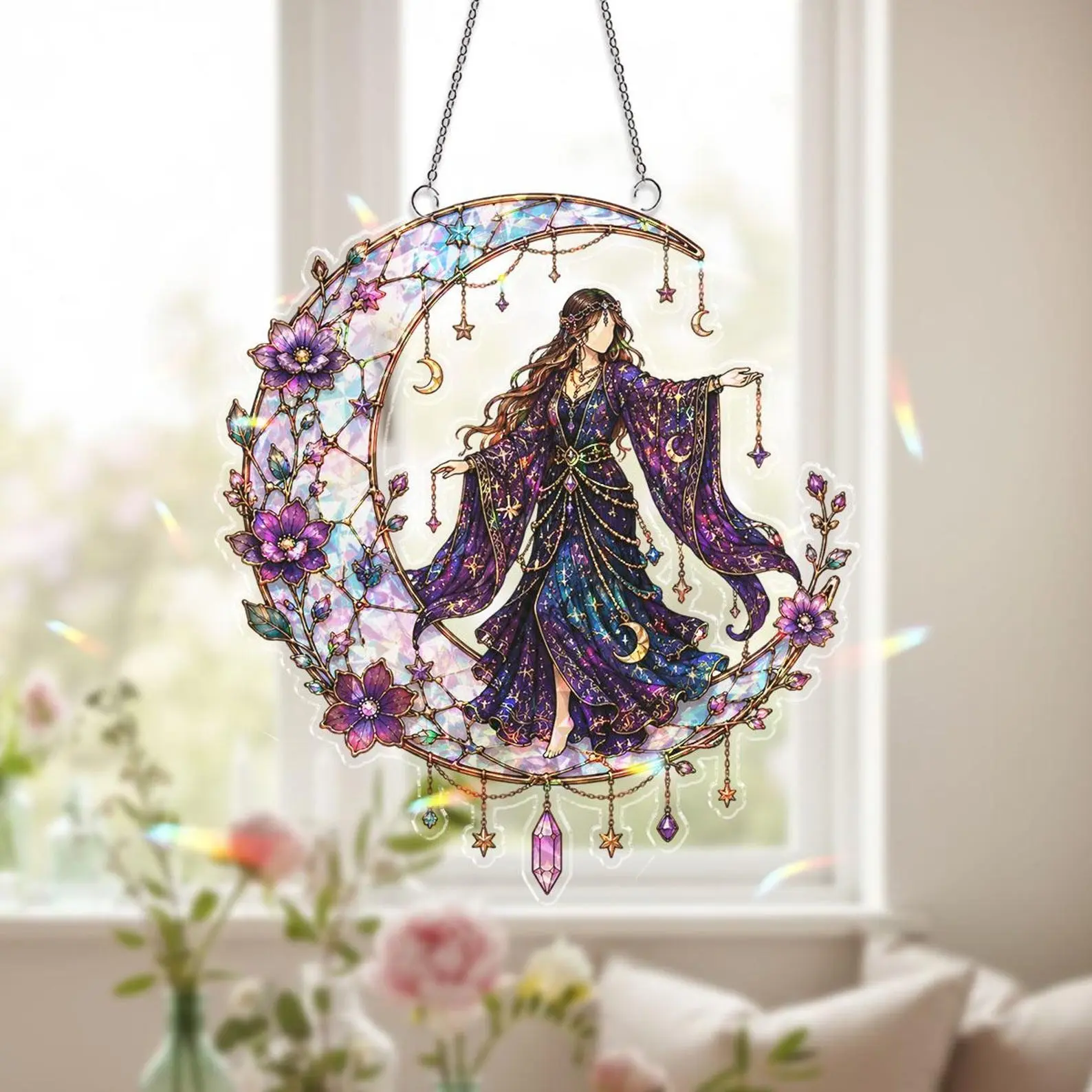 Celestial Moon Goddess Suncatcher - Purple Floral Crystal Window Hanging Decor, Iridescent Stained Glass Effect, Magic Light Catcher for Witchy Room, Perfect Spiritual Gift for Women Home Decor