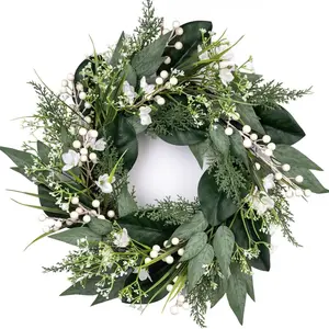 Spring Wreaths for Front Door with White Berries, Green Wreath with White Flower for Window Wedding Decor Home Porch Farmhouse Patio Garden Decor All Seasons