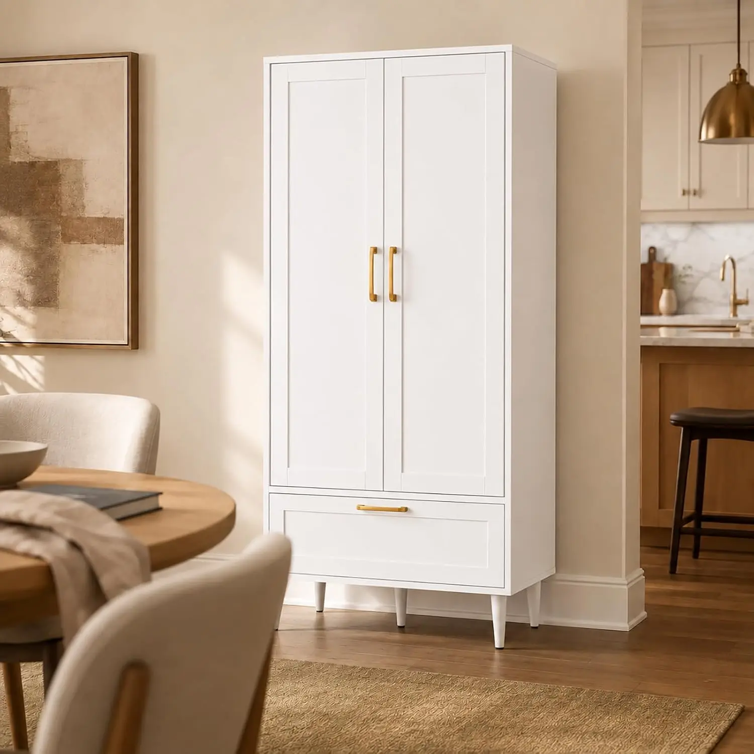 60" Tall Storage Cabinet with Doors, Drawer and Shelves, White, Wide, shallow profile for pantry, linen and multi-room organization; each adjustable shelf supports 50 lb
