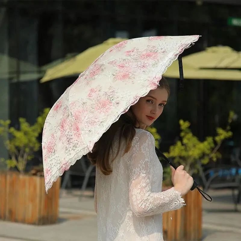 Women's 3-Folding Lace Embroidery Umbrella - Manual Aluminium Lightweight, Strong Windproof, Anti-UV Polyamide Luxury Parasol, Outdoor Shade Solution & Rainy Day Umbrella, Ideal Gift