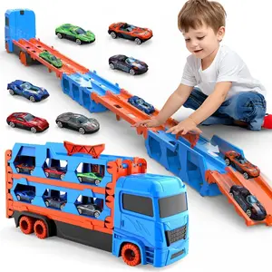 Truck with Ejection Race Track Deform Folding Storage Transporter with 6 Vihicles, Catapulting and Shooting Metal Car Toy, Christmas Gift, Gift for Kids Boys