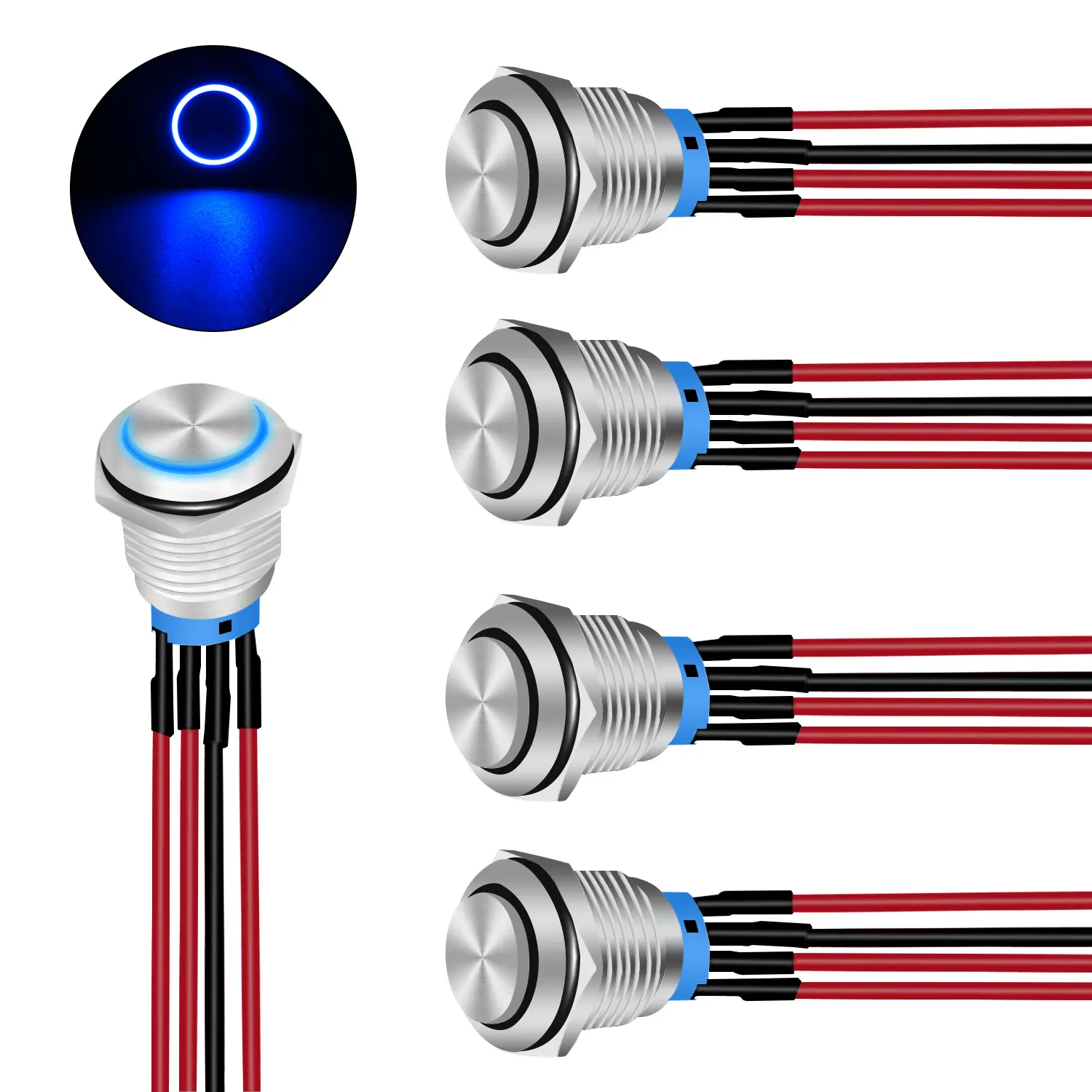 Nilight 5pcs 12mm Pre-Wired Latching Push Button Switch - 12V Input, Round Shape, 2-Pole Design, Metal & Flame Retardant Material, IP65 Waterproof, LED Ring, Outdoor Automotive Use, 5Pcs 12Mm Switch