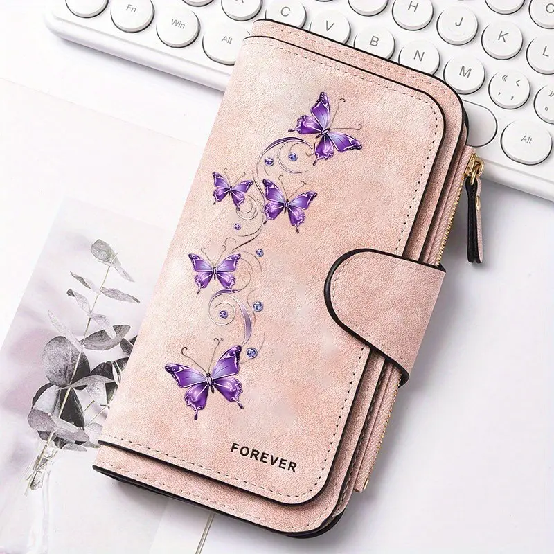 1pc purple butterfly pattern, Purple butterfly design women's long wallet, Ladies Wallet, multi-functional wallet, portable snap coin purse, Coin Pouch, birthday gift and daily commuting essential, suitable for outdoor, travel and family use, 2.25CYJ-4
