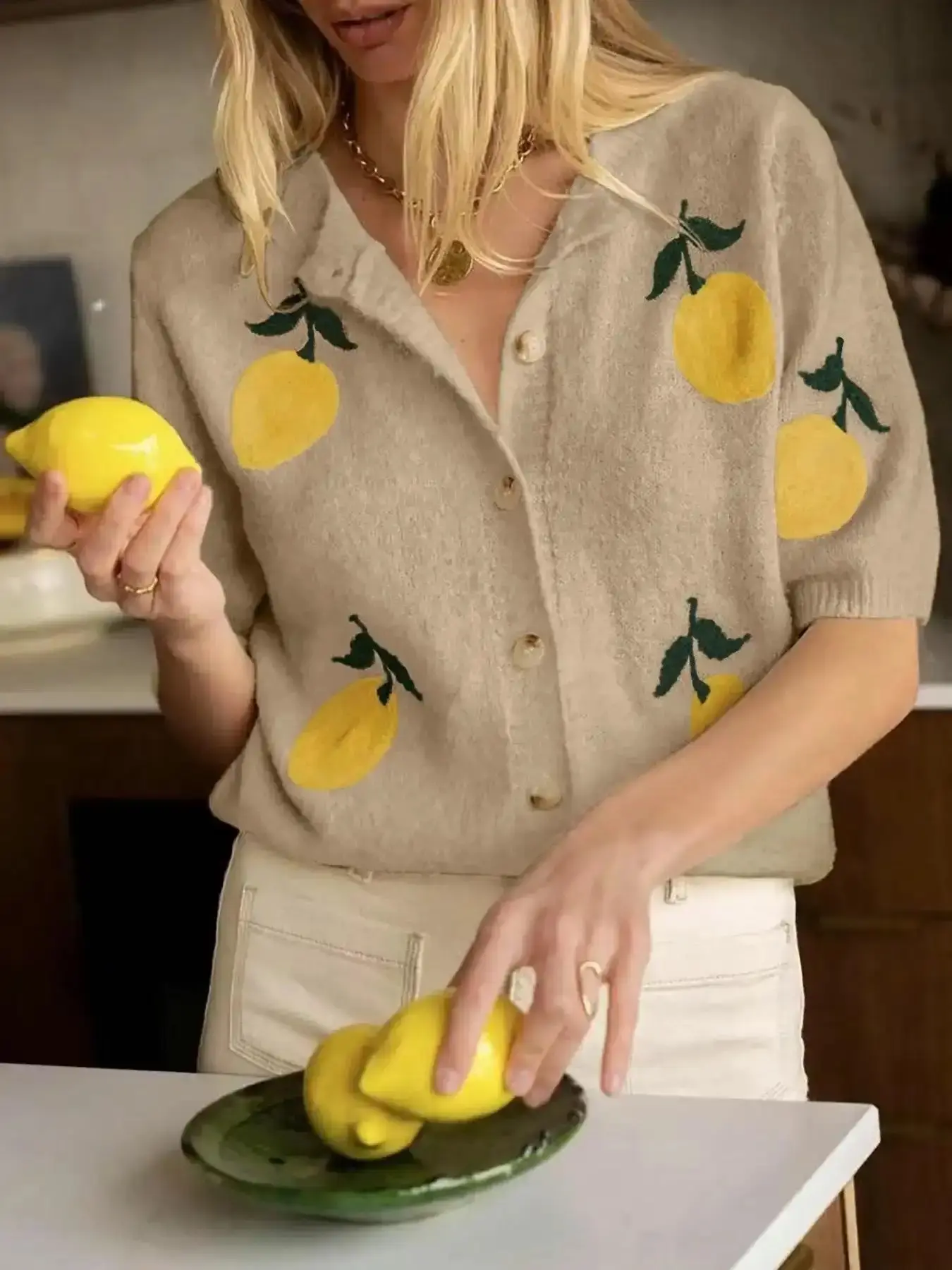 Women's Lemon Embroidery Cardigan, Casual Short Sleeve Knitwear for Daily Wear, Ladies Knit Top All Seasons clean look contemporary sophisticated fashion forward date night trending now versatile