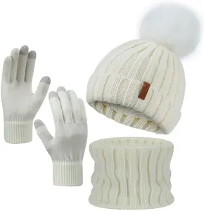 Women's Fashion 3-Piece Cozy Fleece Knit Winter Accessory Set - Beanie Hat, Neck Warmer, Touchscreen Gloves for Cold Weather, Christmas Gifts