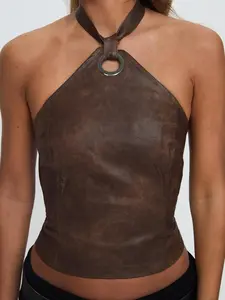Women's Solid Lace Up Backless Halter Neck Top, Fashion Casual Chic Fit PU Leather Top for Daily Outdoor Wear, Ladies Clothes Womenswear for Summer