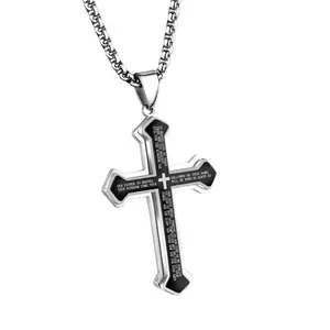 Men's Engraved Bible Verse Cross Pendant |   Rustproof Stainless Steel Religious Necklace, Ideal for Gifts & Daily Style