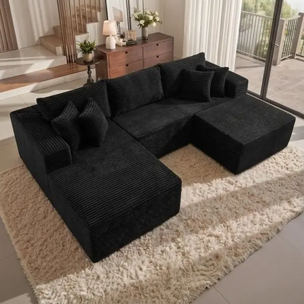 【2 Packages Shipping] L-Shape Plush Corduroy Velvet Modern Sofa with Deep Seat, Upholstered Couches for Living Room & Bedroom, No Assembly Required,DealsForYouDays